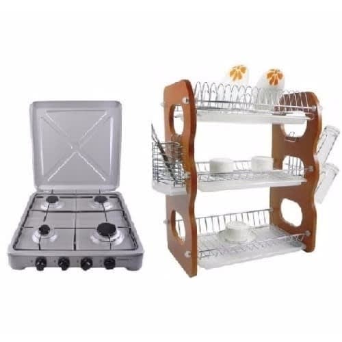 4 Burner Table Top Cooker + 3 Tier Wooden Dish Rack With Drainer