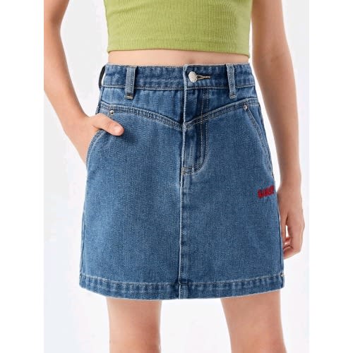 Girls Letter Embroidery Straight Denim Jeans Skirt - Blue