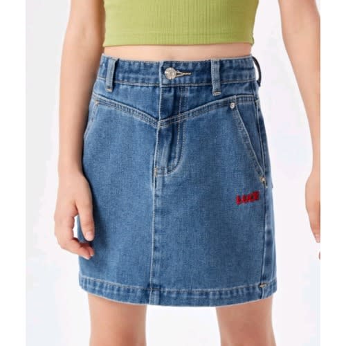 Girls Letter Embroidery Straight Denim Jeans Skirt - Blue