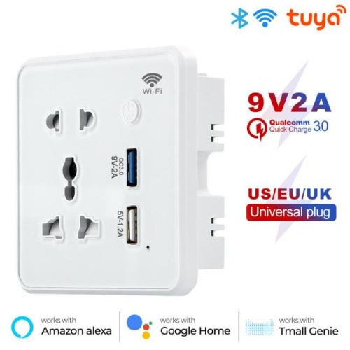 Smart Tuya Single Socket with Two USB Charging Ports, 2a - 5v - Round Edge - Tempered Glass - White