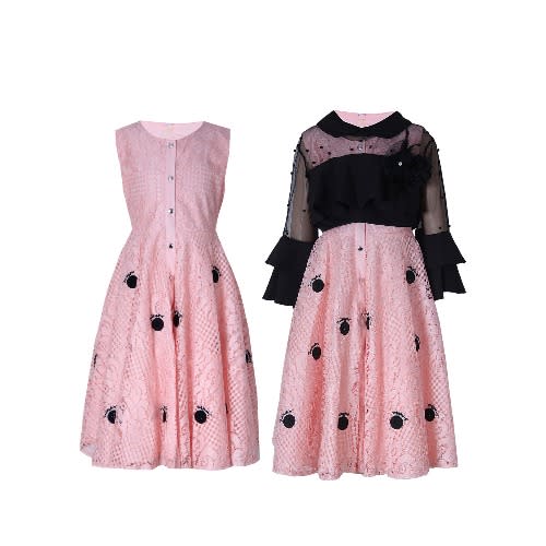 Girls Peach Dress With Lace Jacket & Rose