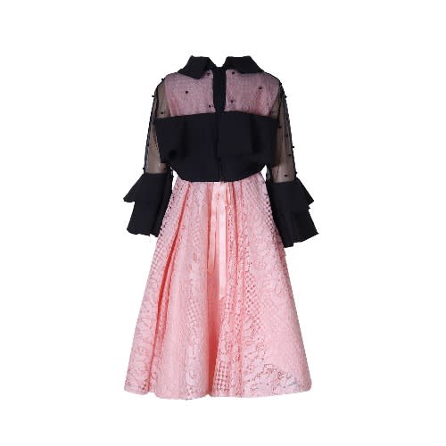 Girls Peach Dress With Lace Jacket & Rose