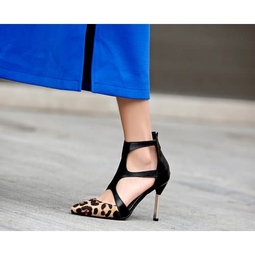 Leopard Skin/Leather Pencil Heel Ankle Shoe