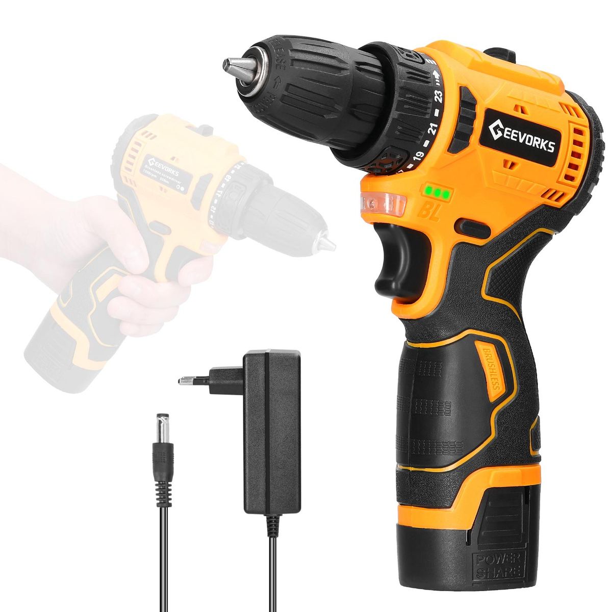 Geevorks 16.8V Cordless Driver Drill Household Brushless Motor Electric Screwdriver Regulation Rotation Ways Adjustment Lithium Drill Home Improvement Power Tool