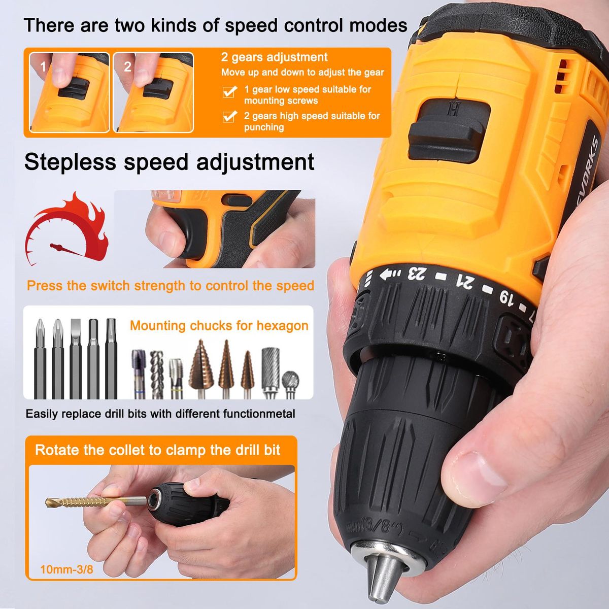 Geevorks 16.8V Cordless Driver Drill Household Brushless Motor Electric Screwdriver Regulation Rotation Ways Adjustment Lithium Drill Home Improvement Power Tool