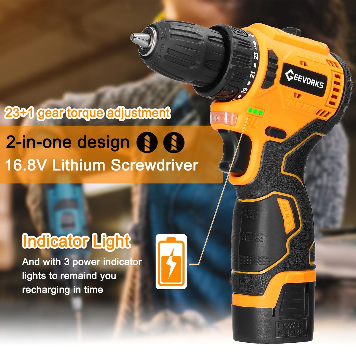 Geevorks 16.8V Cordless Driver Drill Household Brushless Motor Electric Screwdriver Regulation Rotation Ways Adjustment Lithium Drill Home Improvement Power Tool