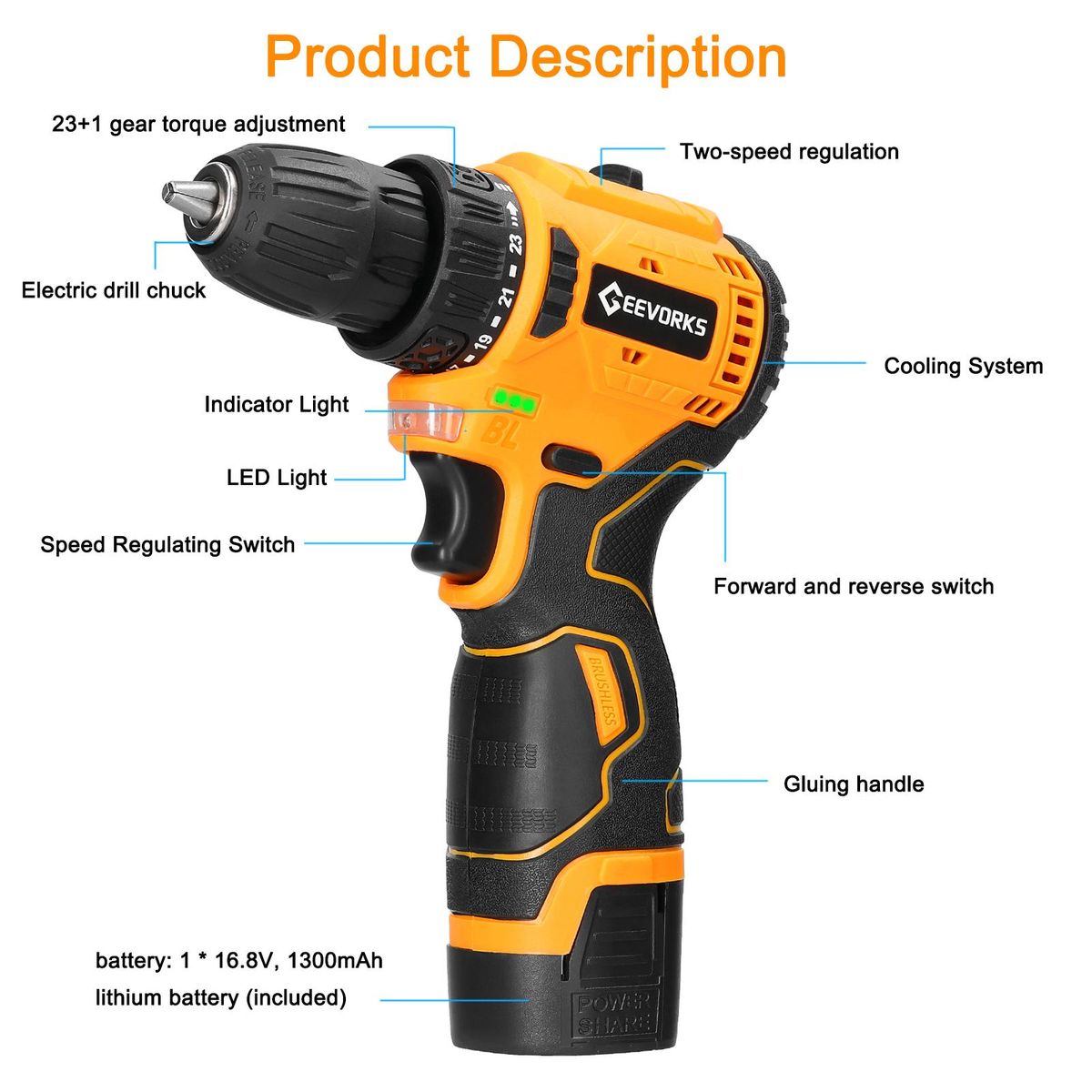 Geevorks 16.8V Cordless Driver Drill Household Brushless Motor Electric Screwdriver Regulation Rotation Ways Adjustment Lithium Drill Home Improvement Power Tool