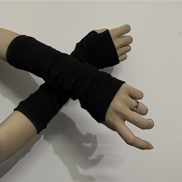 Solid Black Punk Gothic Fingerless Gloves Cuff Women Men Ma