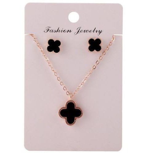 Clover Pendant Necklace With Stud Earring Jewelry Set - Black