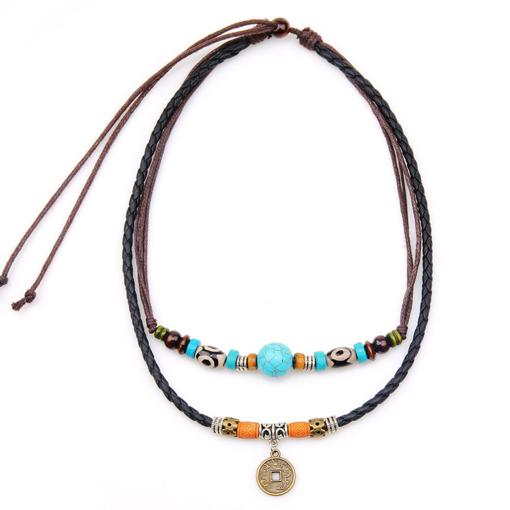 Men Multilayer Faux Turquoise Bead Coin Pendant Choker Necklace Jewelry Gift-Multicolor
