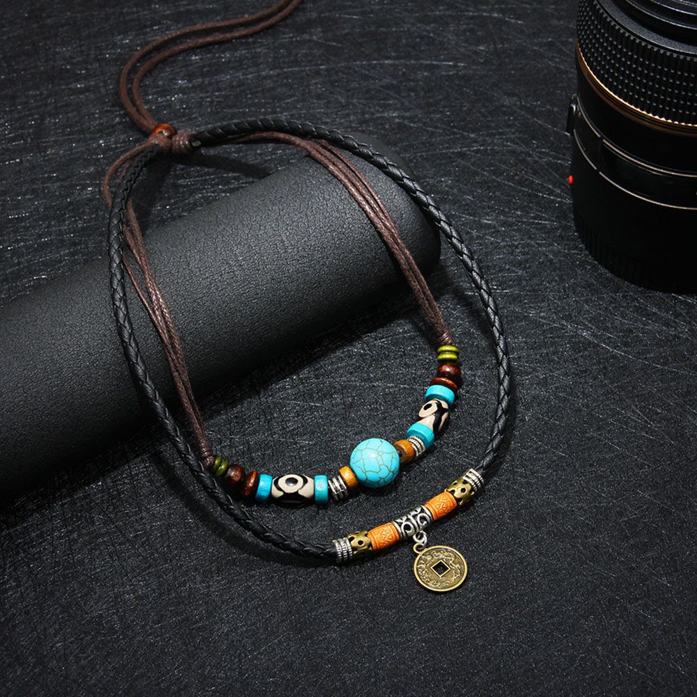 Men Multilayer Faux Turquoise Bead Coin Pendant Choker Necklace Jewelry Gift-Multicolor