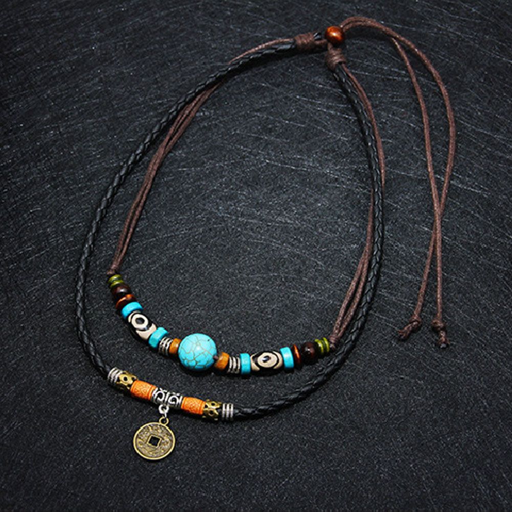 Men Multilayer Faux Turquoise Bead Coin Pendant Choker Necklace Jewelry Gift-Multicolor