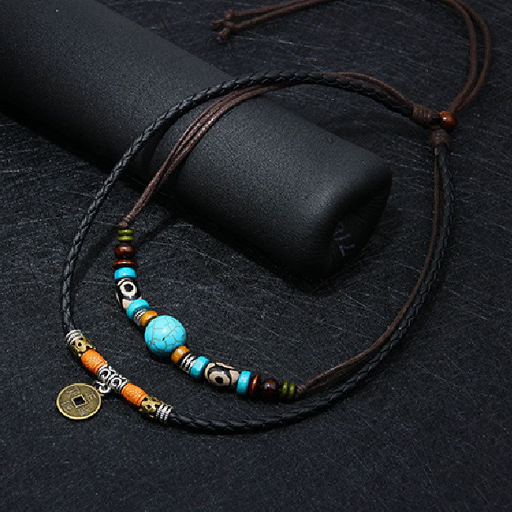 Men Multilayer Faux Turquoise Bead Coin Pendant Choker Necklace Jewelry Gift-Multicolor