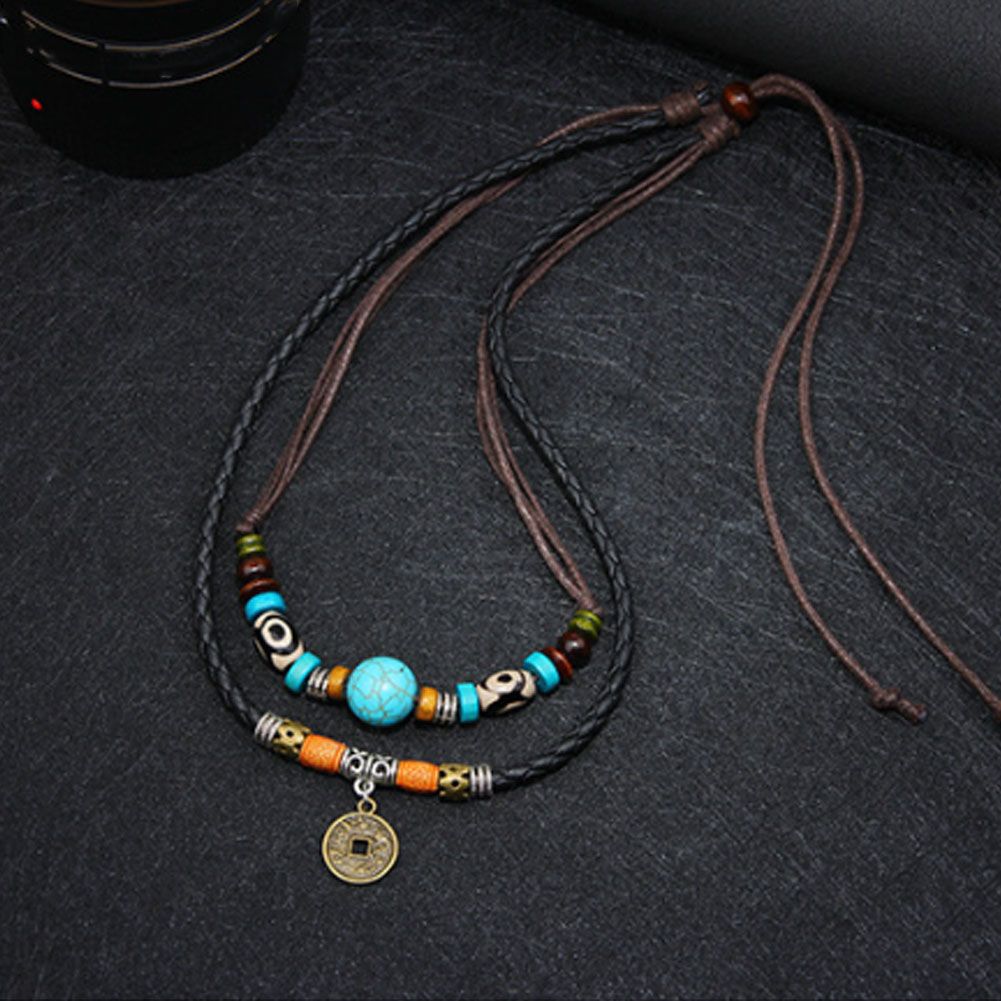 Men Multilayer Faux Turquoise Bead Coin Pendant Choker Necklace Jewelry Gift-Multicolor