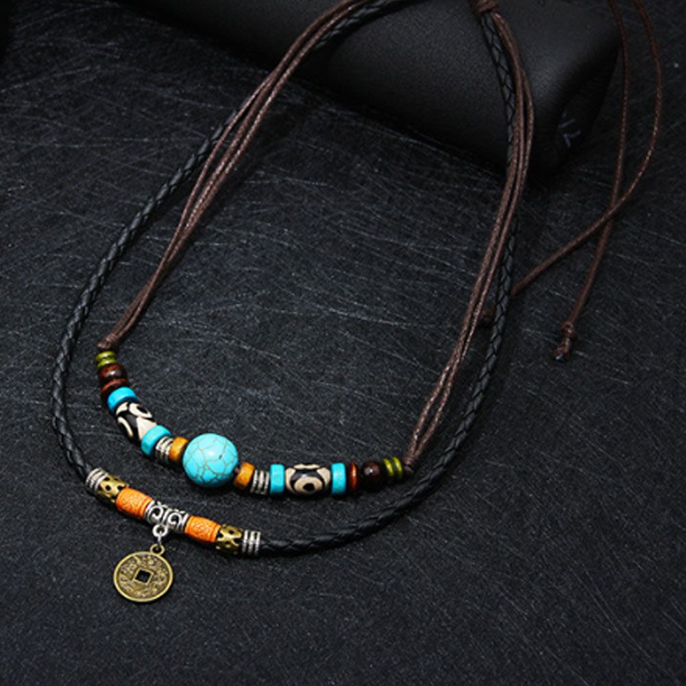 Men Multilayer Faux Turquoise Bead Coin Pendant Choker Necklace Jewelry Gift-Multicolor