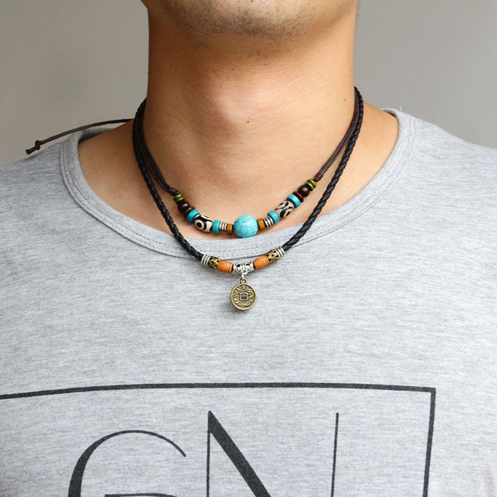 Men Multilayer Faux Turquoise Bead Coin Pendant Choker Necklace Jewelry Gift-Multicolor