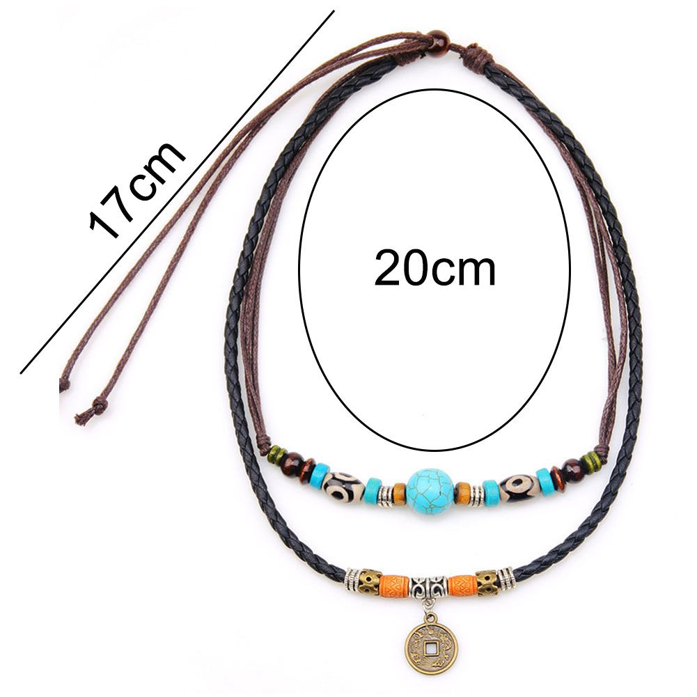 Men Multilayer Faux Turquoise Bead Coin Pendant Choker Necklace Jewelry Gift-Multicolor