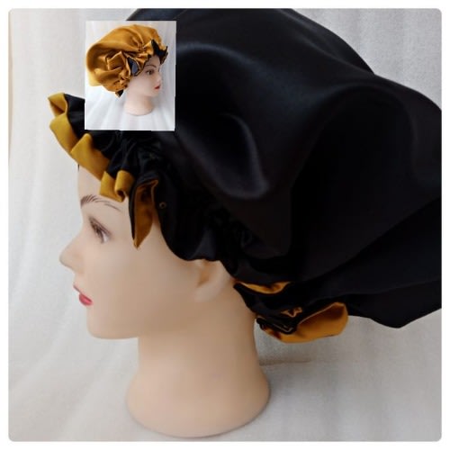 Women's Satin Reversible Double-sided Hair Bonnet - Black- Gold