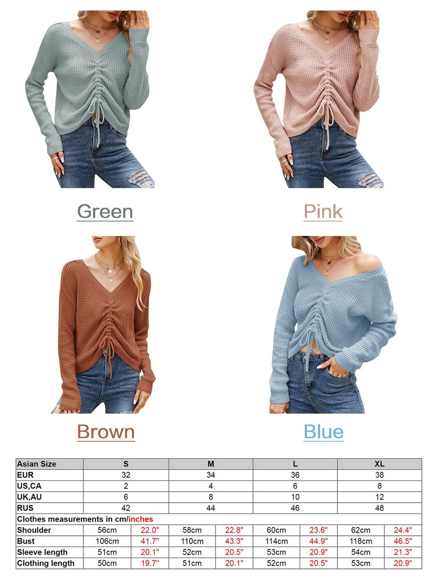Women Knitted Pullovers V Neck Drawstring Long Sleeve Casual Crop Sweaters