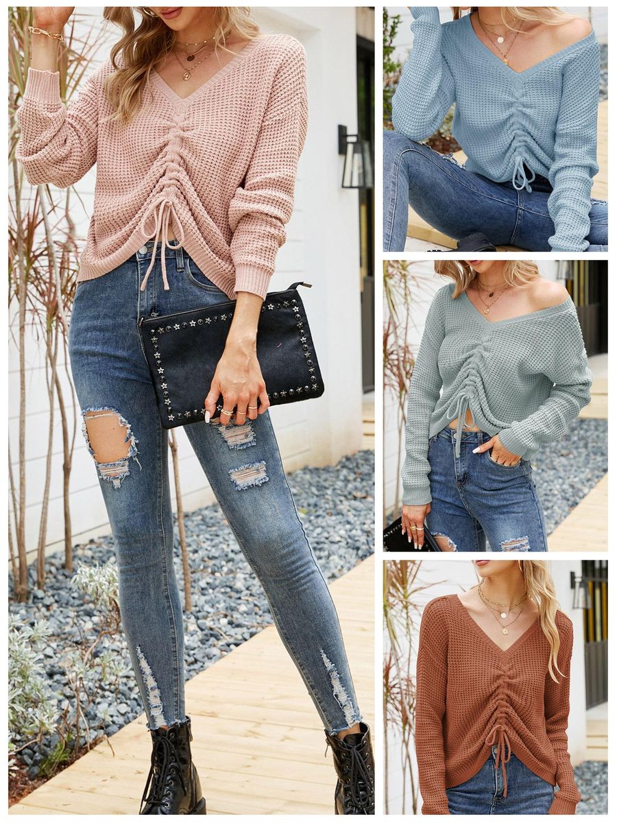 Women Knitted Pullovers V Neck Drawstring Long Sleeve Casual Crop Sweaters