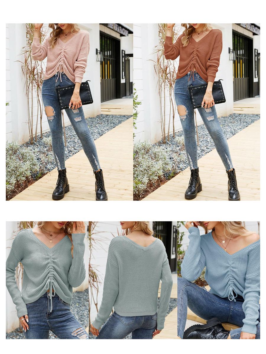 Women Knitted Pullovers V Neck Drawstring Long Sleeve Casual Crop Sweaters