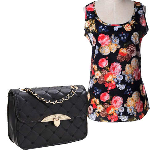 Ladies Floral Chiffon Top - Black + Quilted Handbag - Black