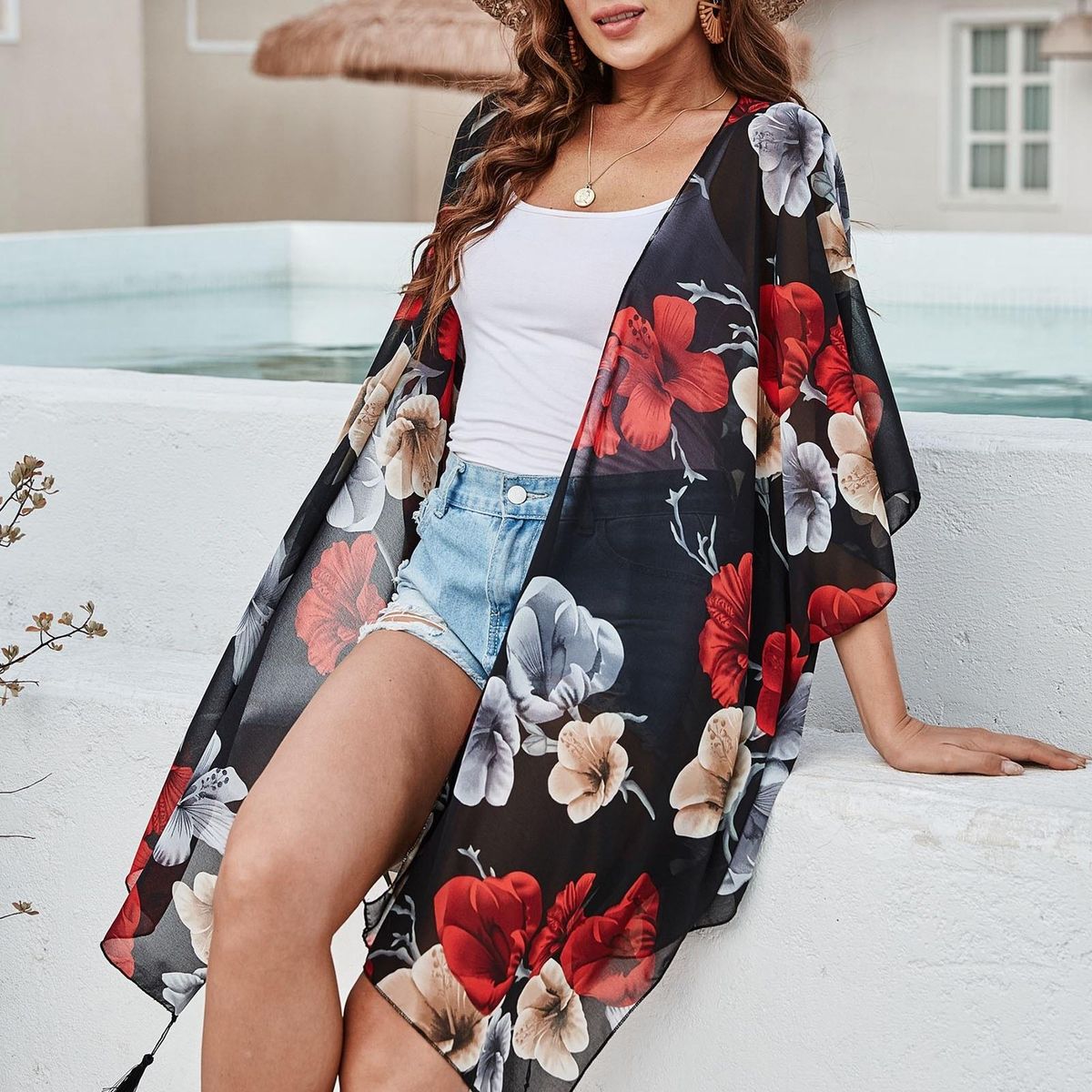 Women Loose Chiffon Kimono Floral Print Half Sleeve Open Front Tassels Cardigan Summer Beach Boho Bikini Cover Up