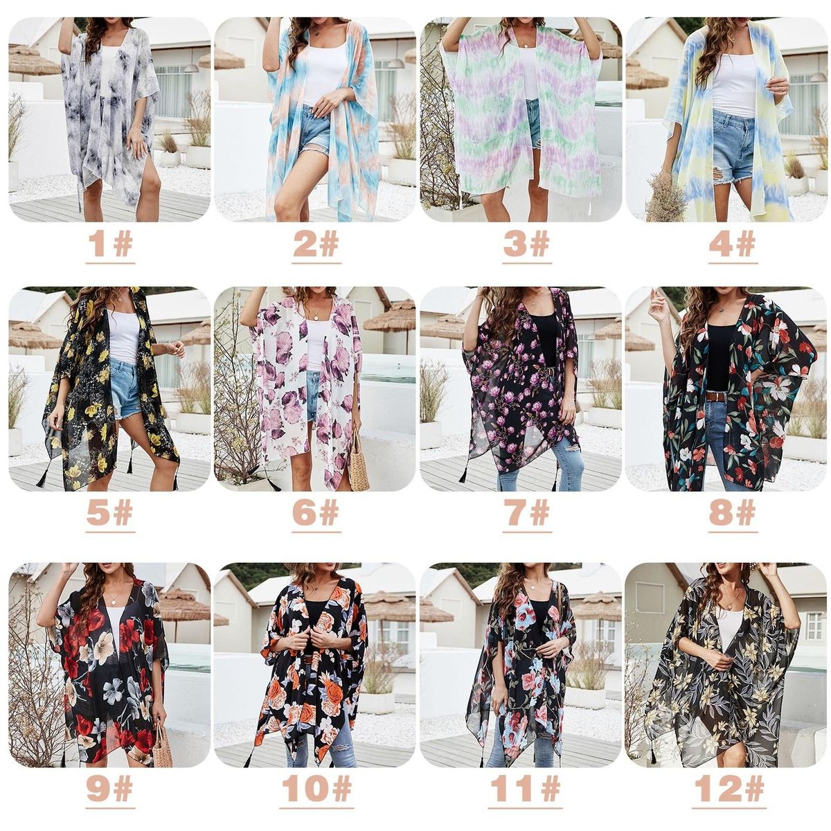 Women Loose Chiffon Kimono Floral Print Half Sleeve Open Front Tassels Cardigan Summer Beach Boho Bikini Cover Up