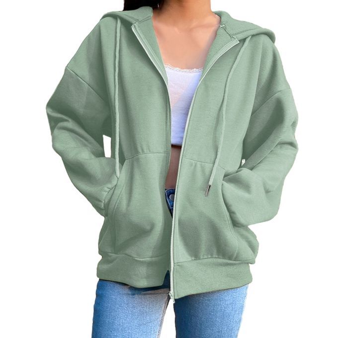 Hoodie Plain Woman Sweatshirt Zip Jackets Green 2XL