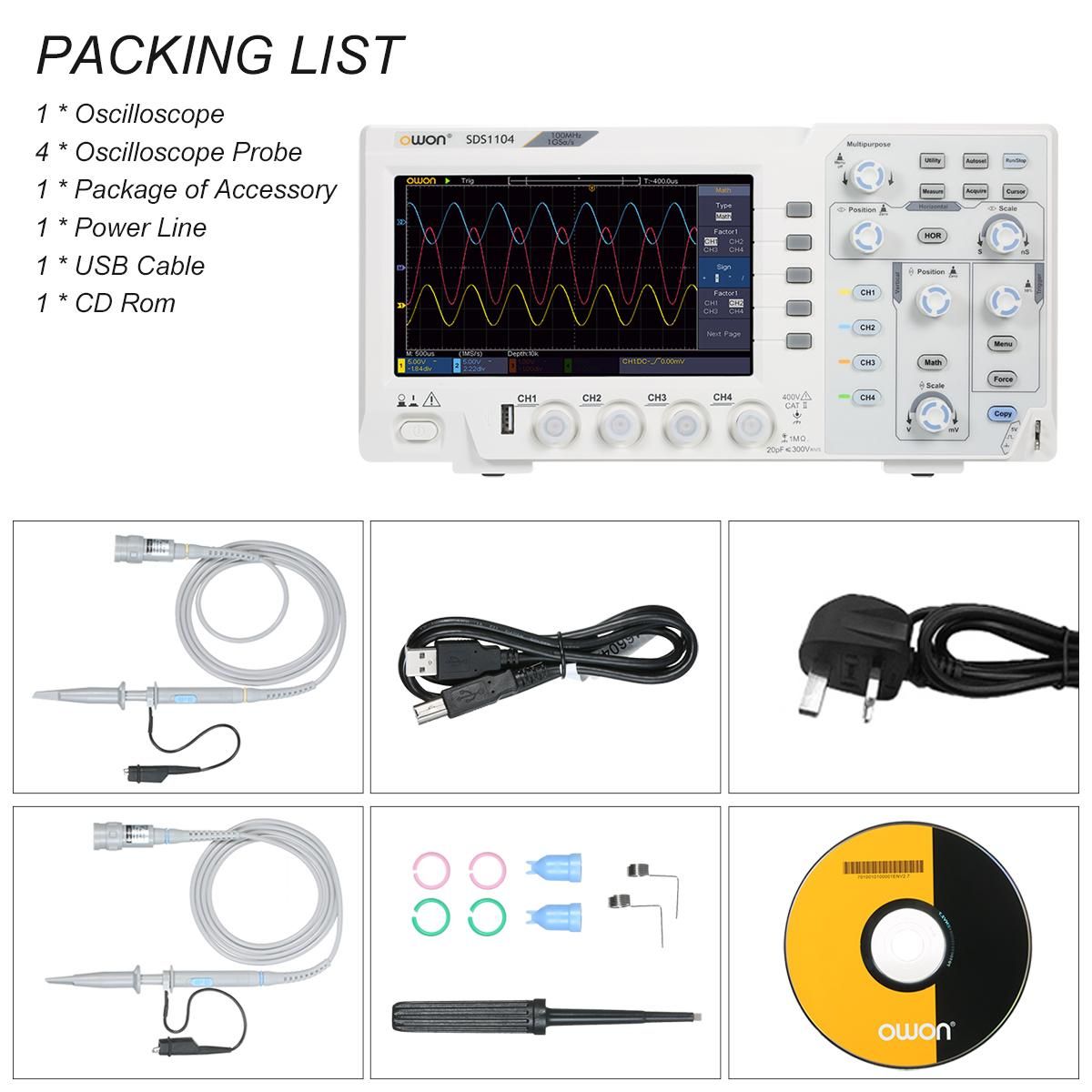 Owon SDS1104 4-CH Digital Storage Oscilloscope with 7-inch LCD Display Handheld Portable Oscillometer 100MHz 1GS/s UK Plug