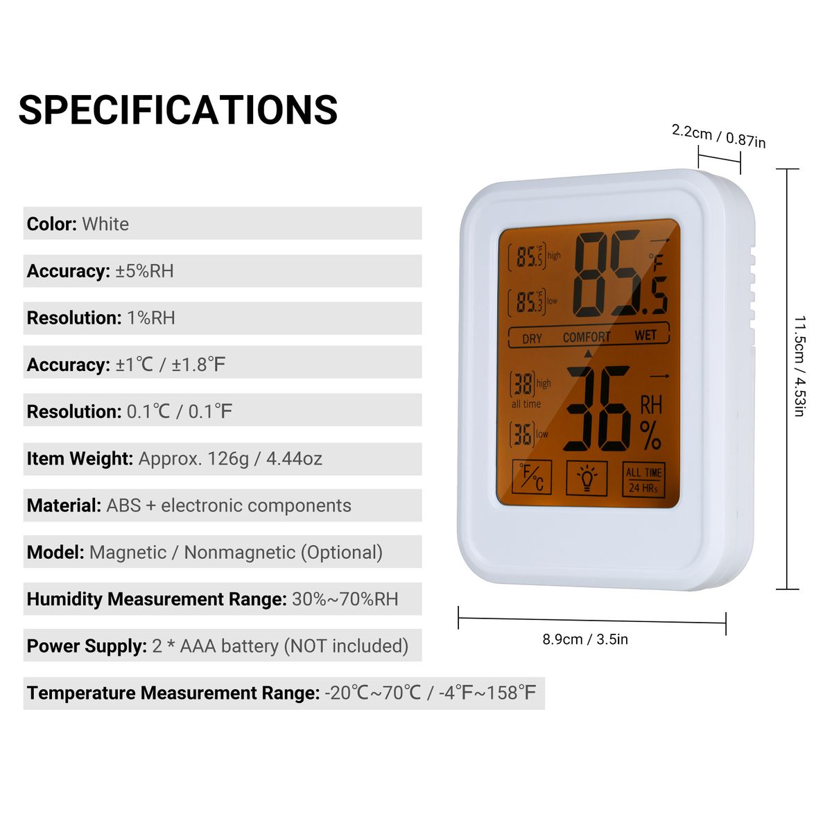 High Precision Magnetic Thermometer Hygrometer Digital