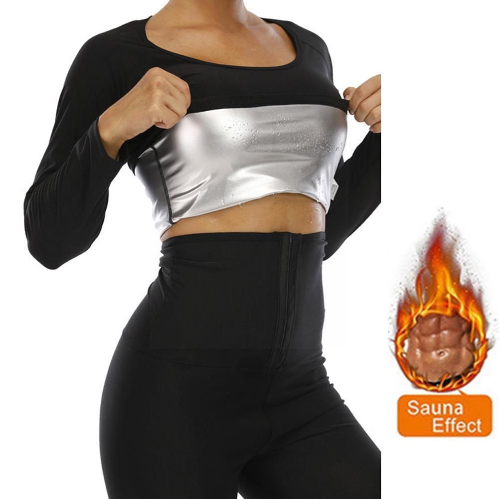 Women's Body Top Sauna Sweat Sports Fitness Workout Tops Long Sleeve Shirt Slimming Tummy Control Waist Trainer Shapewear