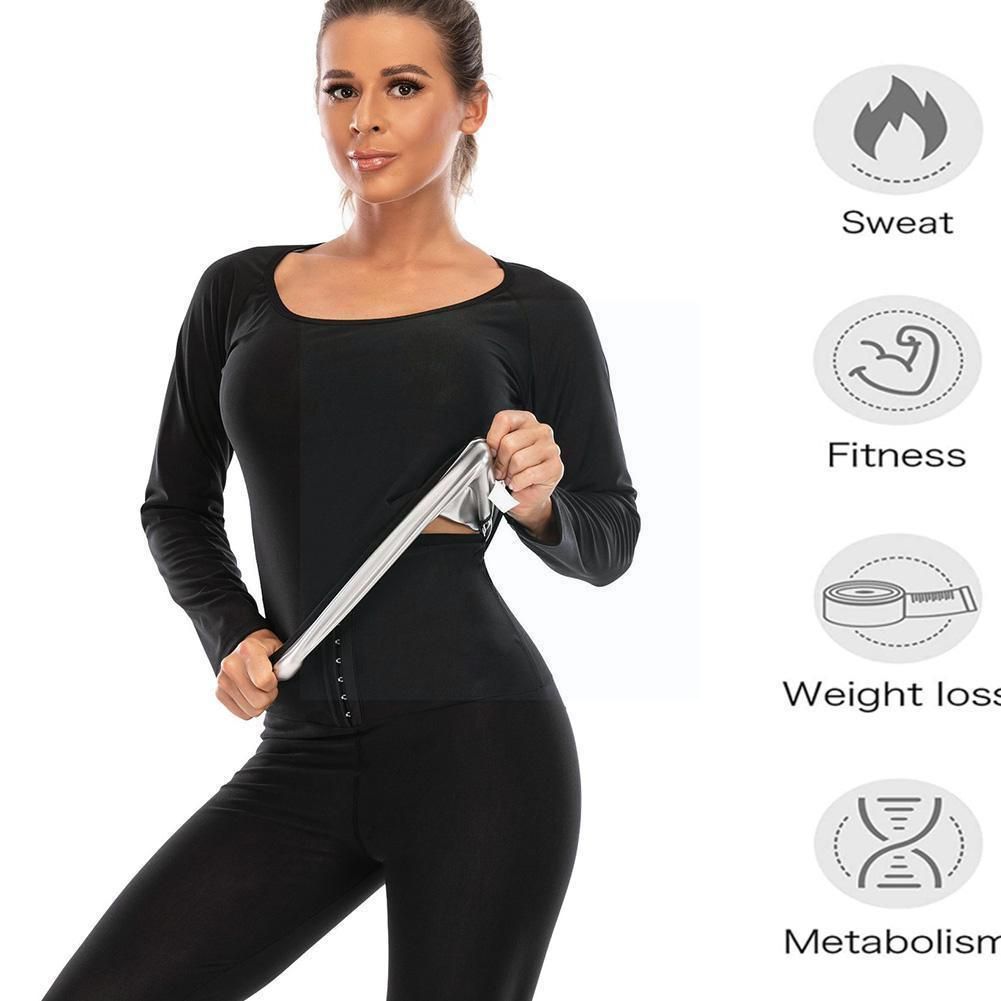 Women's Body Top Sauna Sweat Sports Fitness Workout Tops Long Sleeve Shirt Slimming Tummy Control Waist Trainer Shapewear