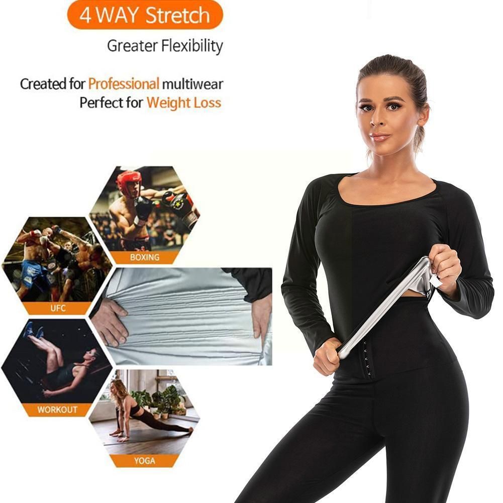 Women's Body Top Sauna Sweat Sports Fitness Workout Tops Long Sleeve Shirt Slimming Tummy Control Waist Trainer Shapewear