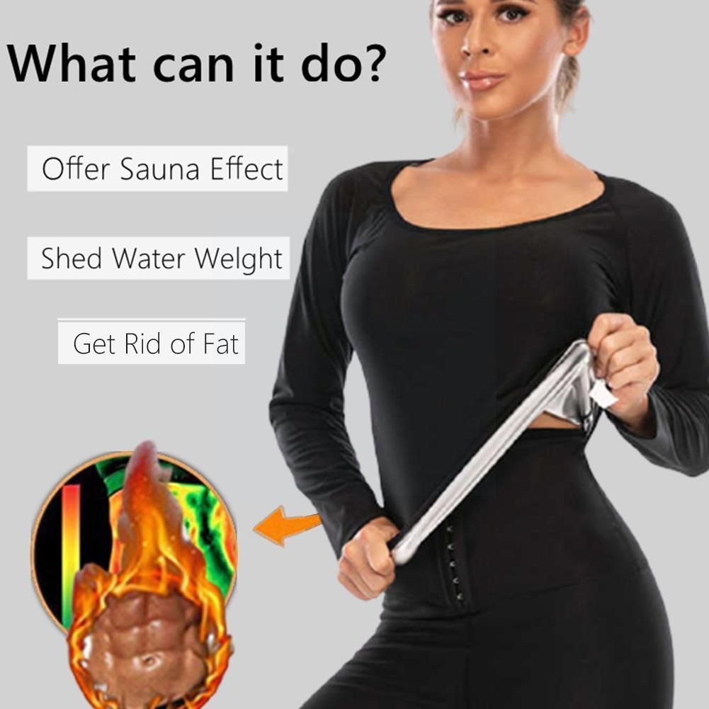 Women's Body Top Sauna Sweat Sports Fitness Workout Tops Long Sleeve Shirt Slimming Tummy Control Waist Trainer Shapewear