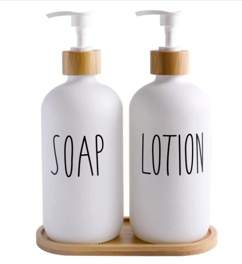 White Glass Soap And Lotion Dispenser Set: 500ml With Wooden