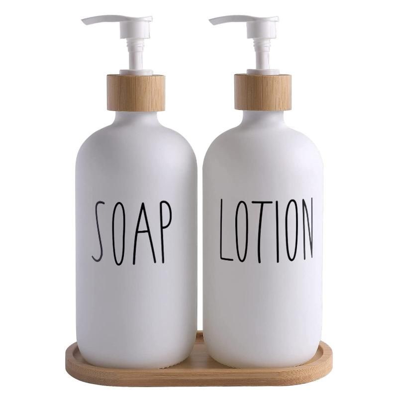 White Glass Soap And Lotion Dispenser Set: 500ml With Wooden
