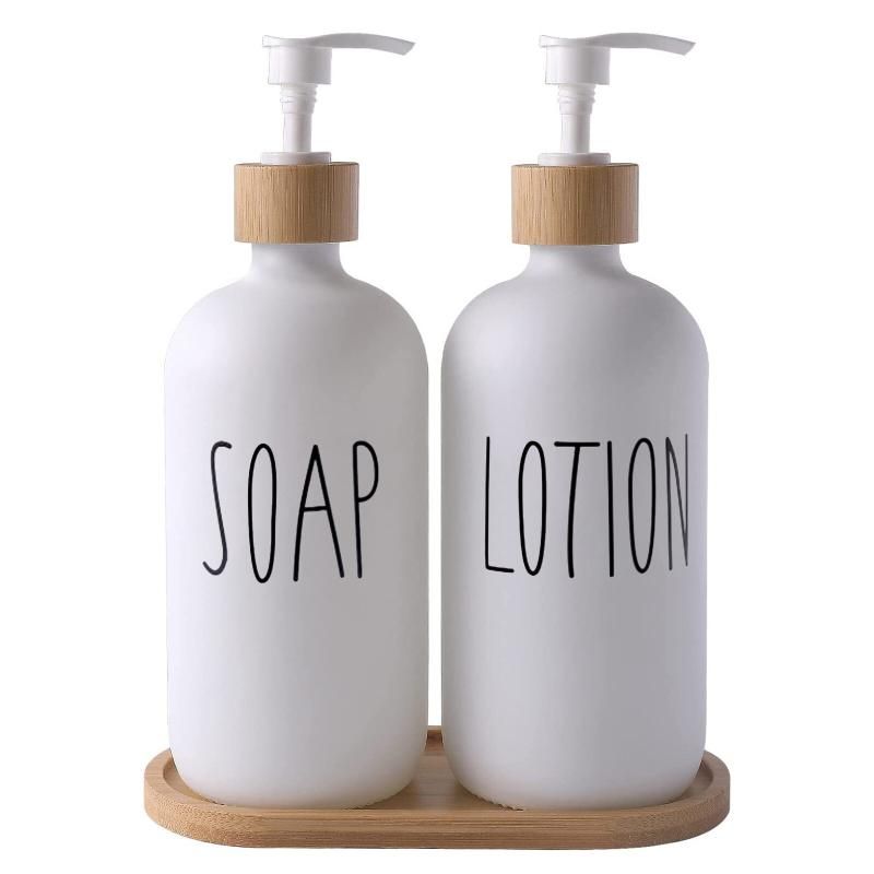 White Glass Soap And Lotion Dispenser Set: 500ml With Wooden