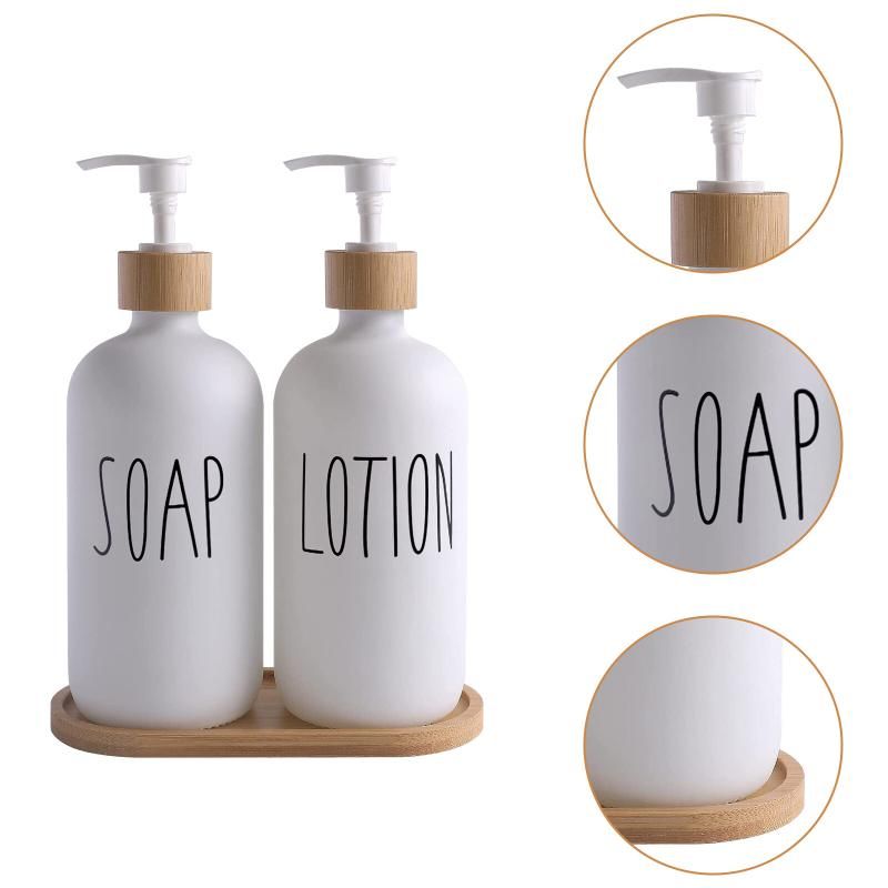 White Glass Soap And Lotion Dispenser Set: 500ml With Wooden