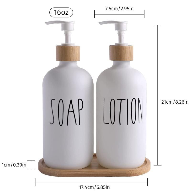 White Glass Soap And Lotion Dispenser Set: 500ml With Wooden