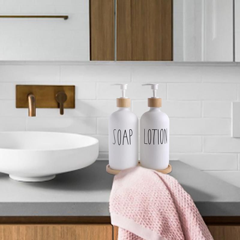 White Glass Soap And Lotion Dispenser Set: 500ml With Wooden