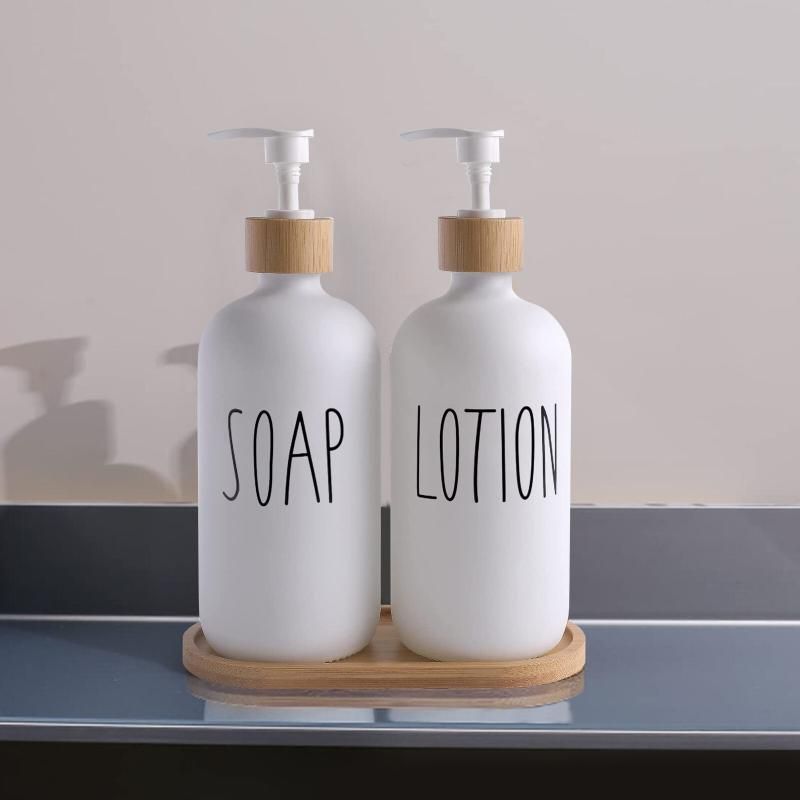 White Glass Soap And Lotion Dispenser Set: 500ml With Wooden