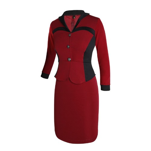 Women Elegant Long Sleeve Office Fitted Sheath Suit Dress - Wine
