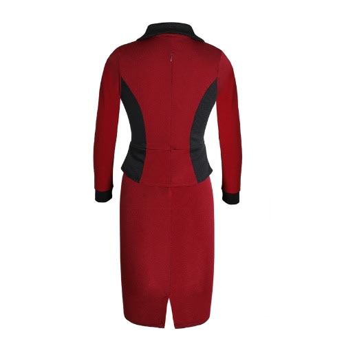 Women Elegant Long Sleeve Office Fitted Sheath Suit Dress - Wine