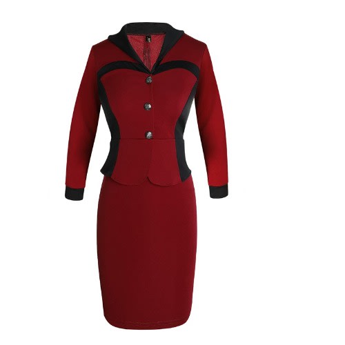 Women Elegant Long Sleeve Office Fitted Sheath Suit Dress - Wine
