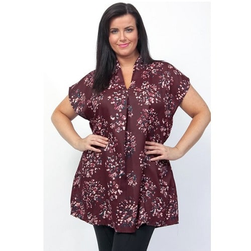 Burgundy Cluster Print Funnel V-Neck Tunic Kaftan Top