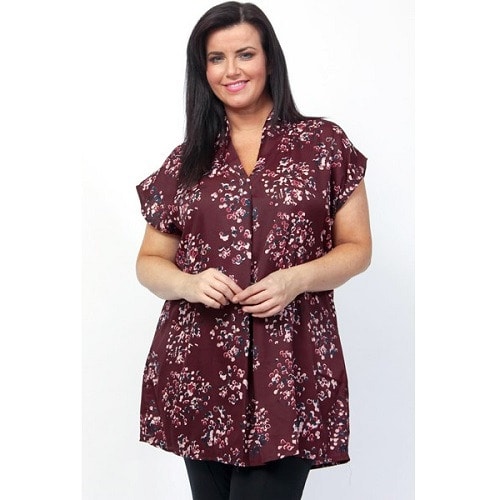 Burgundy Cluster Print Funnel V-Neck Tunic Kaftan Top