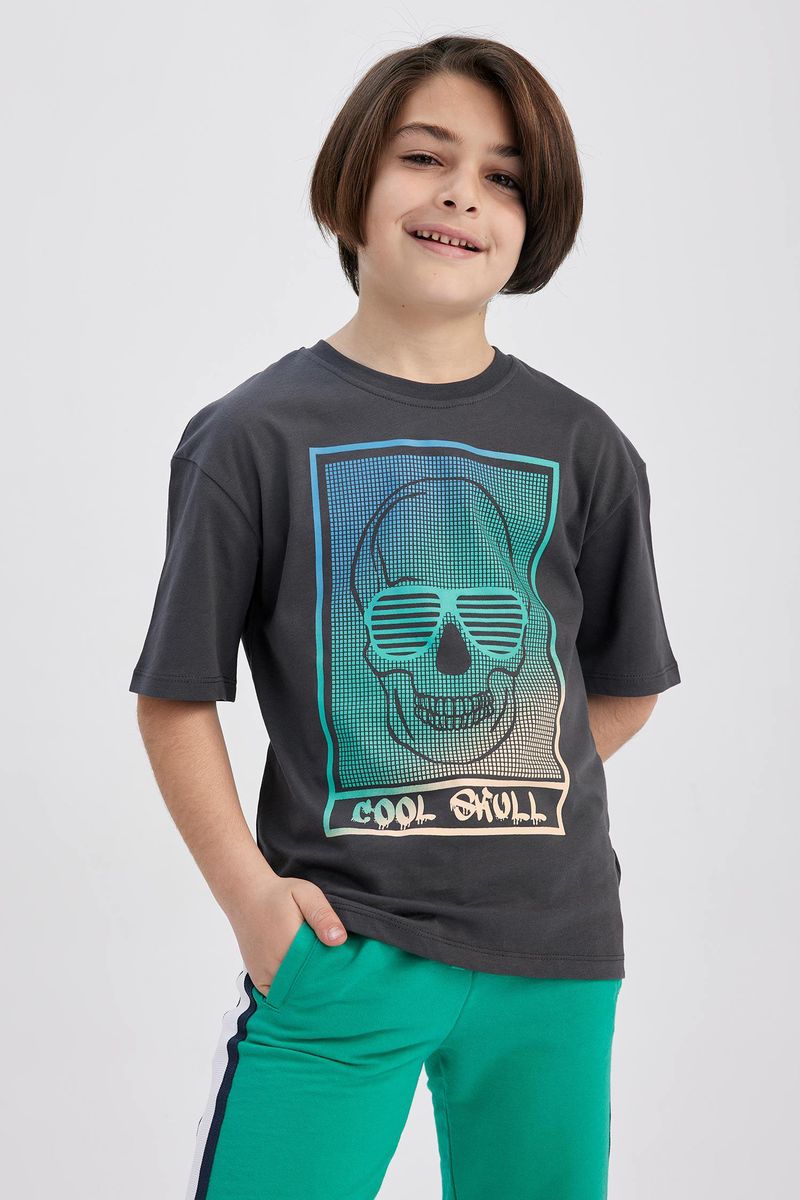 Boy Casual Oversize Fit Crew Neck Knitted Short Sleeve T-Shirt - Anthracite