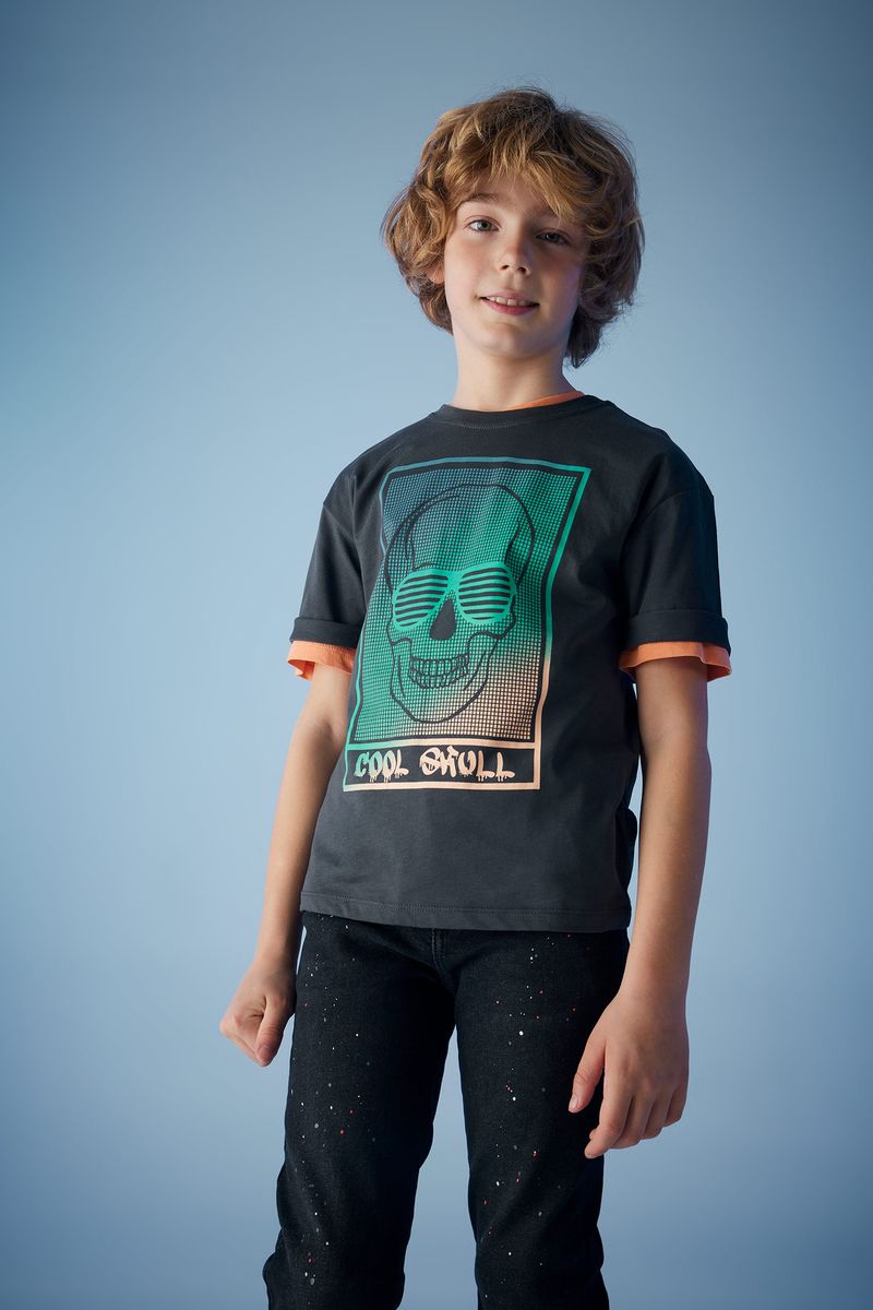 Boy Casual Oversize Fit Crew Neck Knitted Short Sleeve T-Shirt - Anthracite