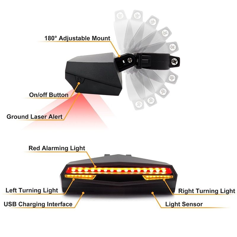 Bicycle LED Light USB Taillight Bicycle Wireless Turn Light Rear Bike Light Remote Ground Lane Alert Cycle Bike Laser Taillights--BLACK COLOR